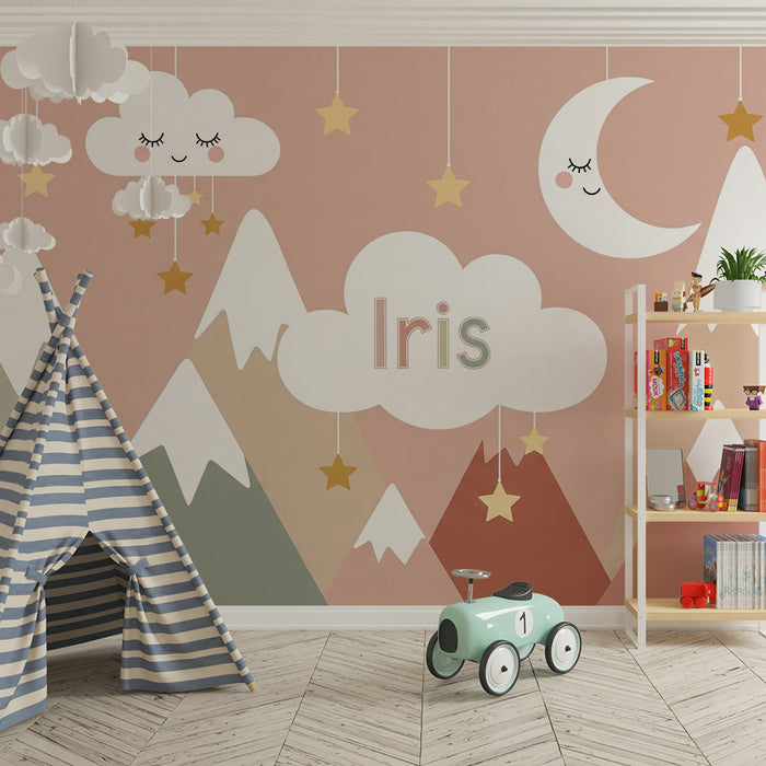 Papier de parede para o quarto do bebê | Montanhas suaves e nuvens sorridentes com estrelas Iris