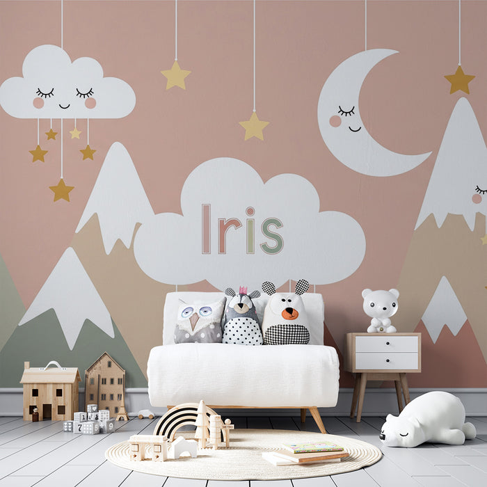 Papier de parede para o quarto do bebê | Montanhas suaves e nuvens sorridentes com estrelas Iris