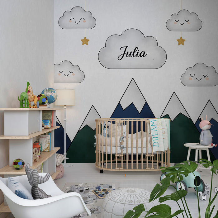 Tapet barnerom | Myke fjell og smilende skyer Julia