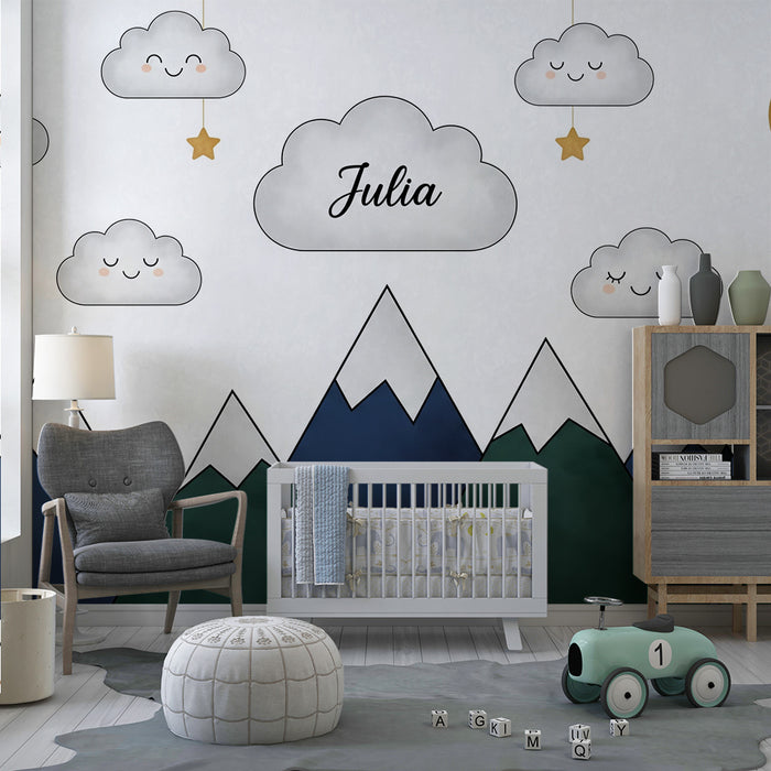 Tapet barnerom | Myke fjell og smilende skyer Julia