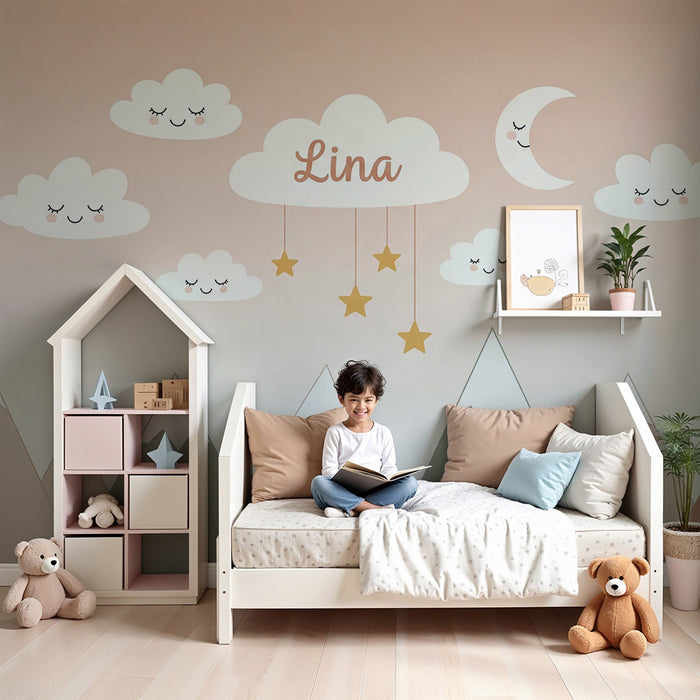 Børneværelse tapet | Bløde bjerge og smilende skyer Lina