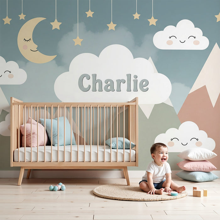 Børneværelse tapet | Bløde bjerge og smilende skyer under en stjernehimmel