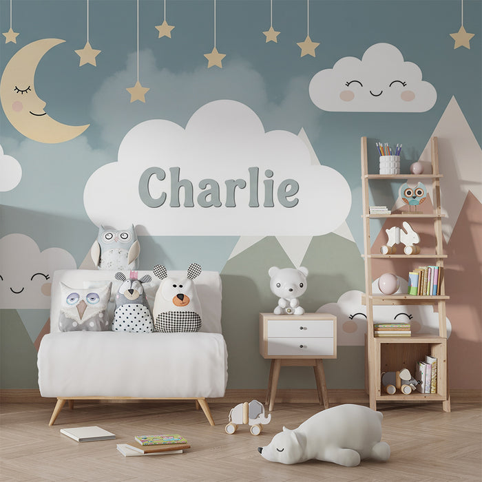 Børneværelse tapet | Bløde bjerge og smilende skyer under en stjernehimmel