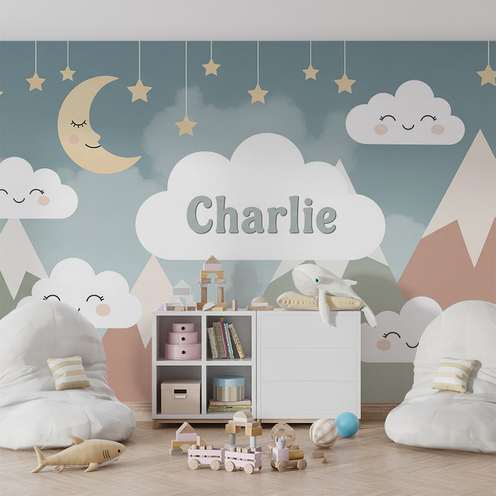 Børneværelse tapet | Bløde bjerge og smilende skyer under en stjernehimmel