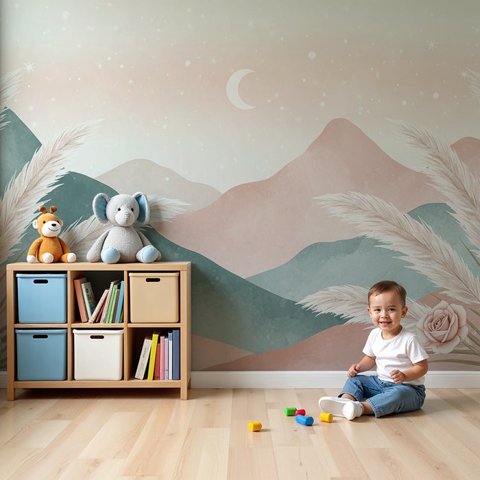 Tapet cameră bebeluși | Munți moi și rozuri delicate într-o paletă pastelată