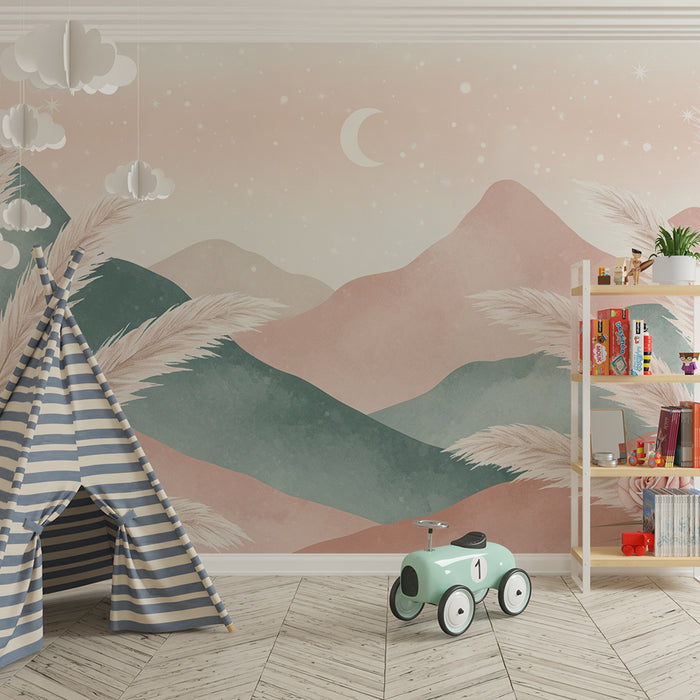 Tapet cameră bebeluși | Munți moi și rozuri delicate într-o paletă pastelată