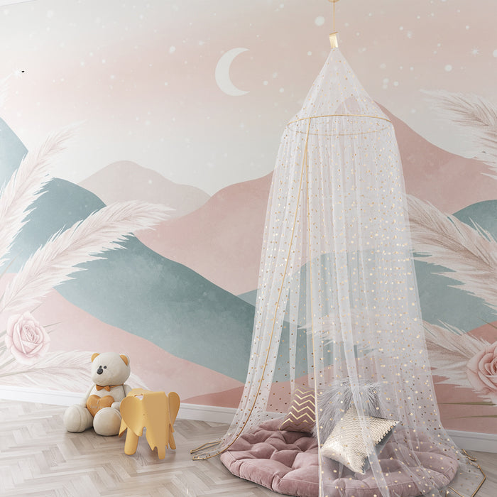 Tapet cameră bebeluși | Munți moi și rozuri delicate într-o paletă pastelată