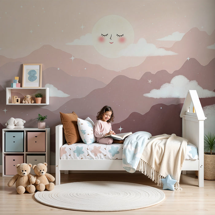 Børneværelse tapet | Lyserøde pastelfarvede bjerge og stjernehimmel