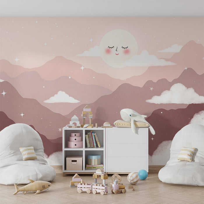 Børneværelse tapet | Lyserøde pastelfarvede bjerge og stjernehimmel