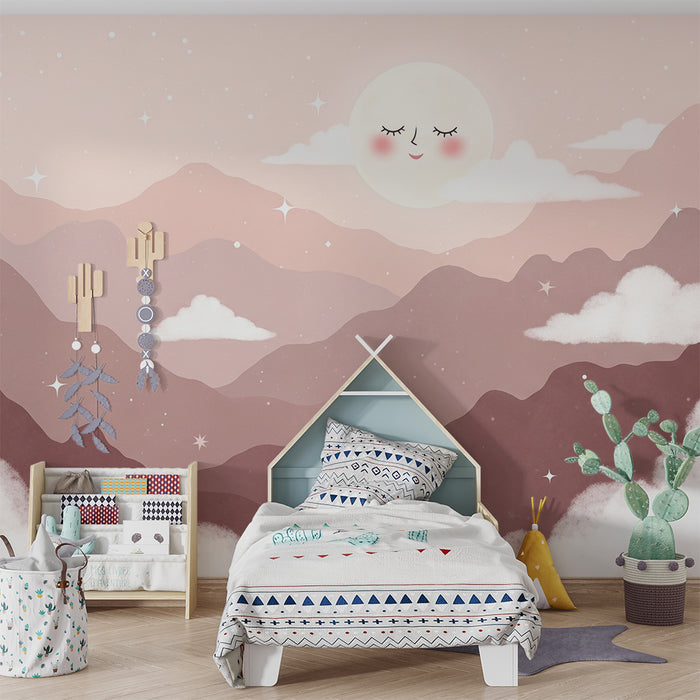 Børneværelse tapet | Lyserøde pastelfarvede bjerge og stjernehimmel