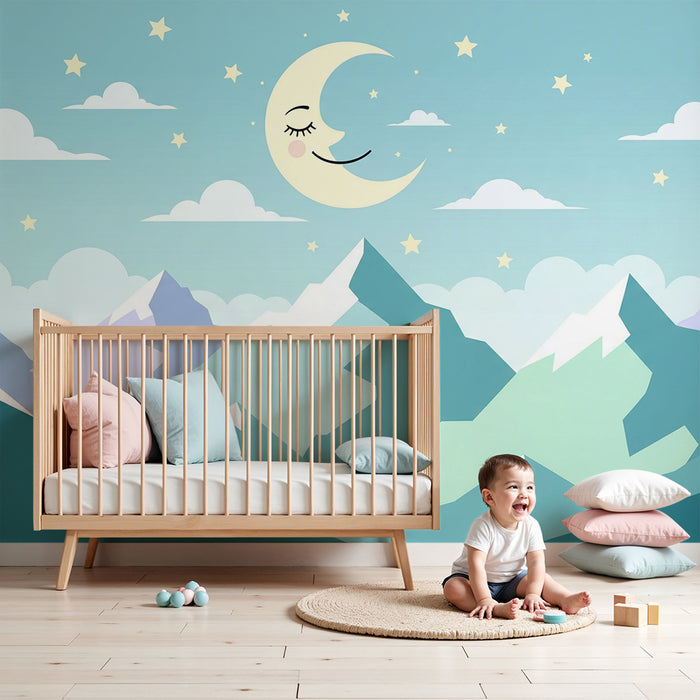 Papel de parede quarto bebê | Zvezdnata noč s nežnimi barvami gora