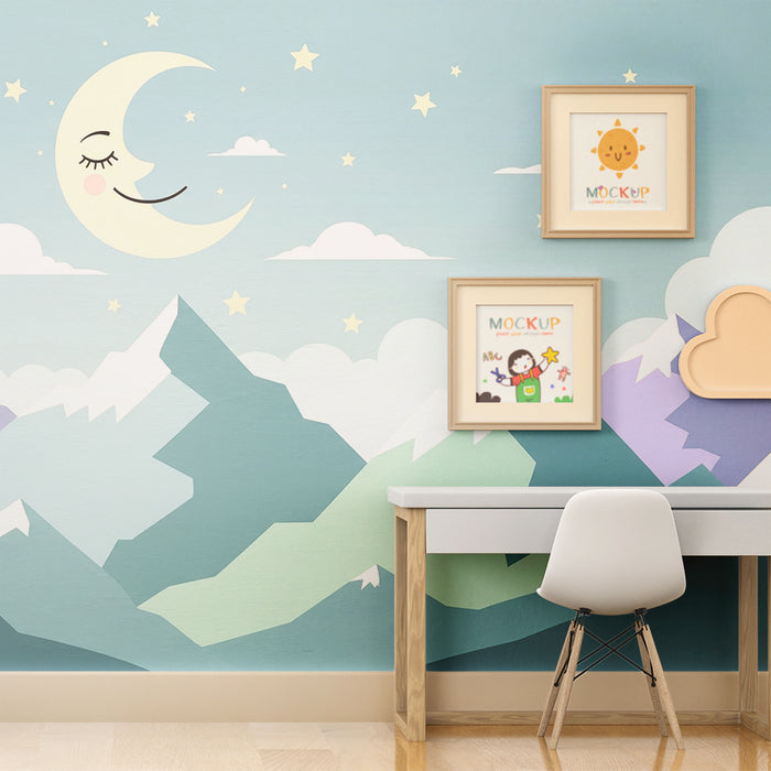 Papel de parede quarto bebê | Zvezdnata noč s nežnimi barvami gora