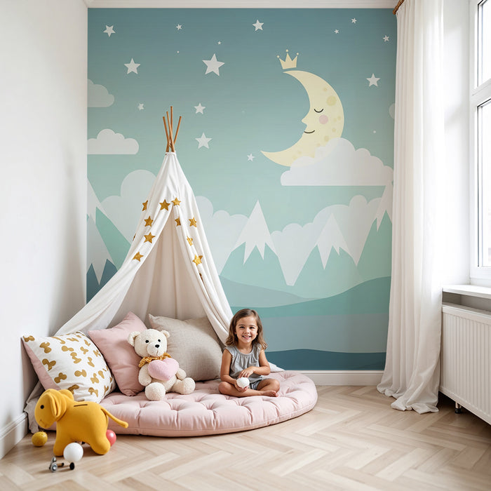 Tapety dla dzieci | Gwiazdy i uśmiechnięty księżyc na górskim tle