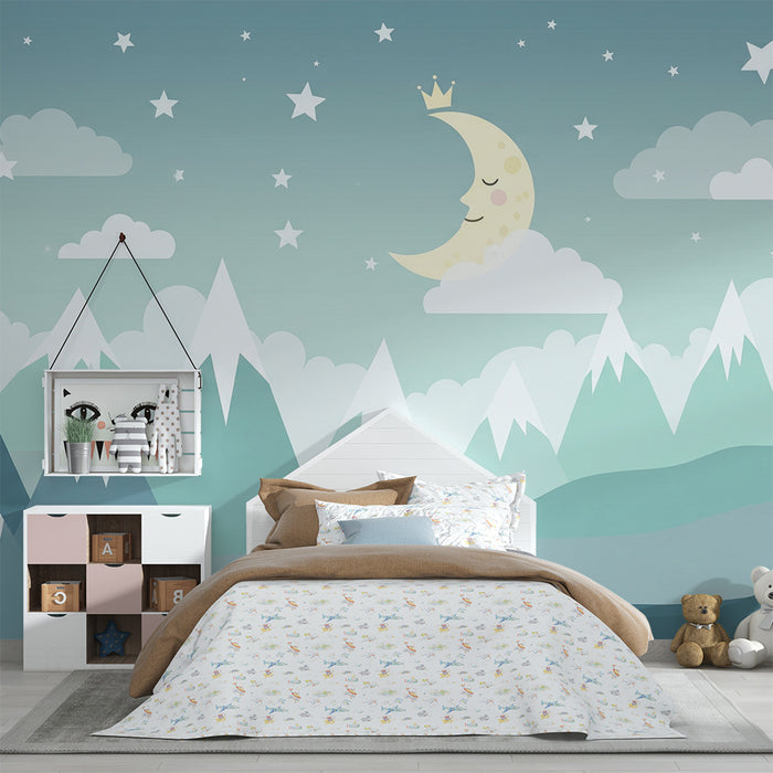 Tapety dla dzieci | Gwiazdy i uśmiechnięty księżyc na górskim tle