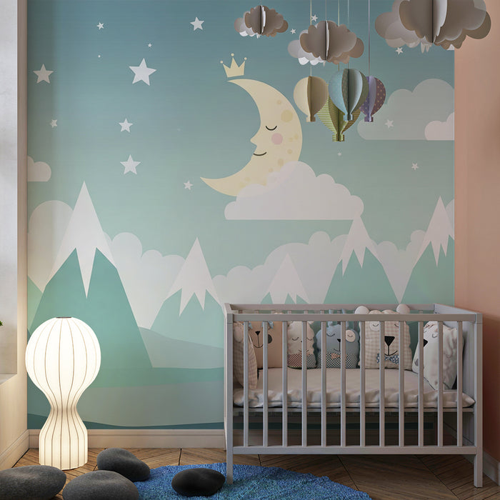 Tapety dla dzieci | Gwiazdy i uśmiechnięty księżyc na górskim tle