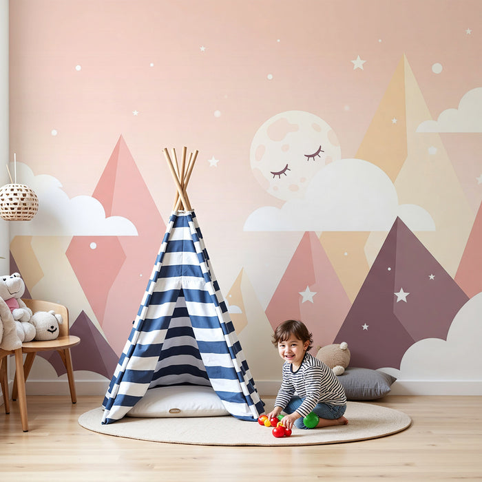 Papier de parede za bebe | Geometrijske planine zvjezdano nebo i svijetlo roza pozadina