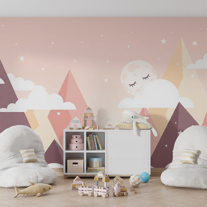 Papier de parede za bebe | Geometrijske planine zvjezdano nebo i svijetlo roza pozadina