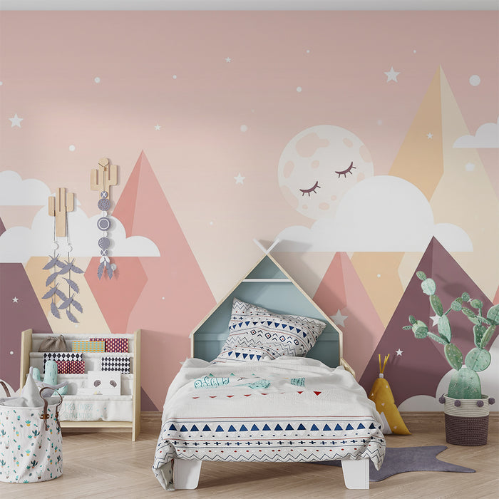 Papier de parede za bebe | Geometrijske planine zvjezdano nebo i svijetlo roza pozadina