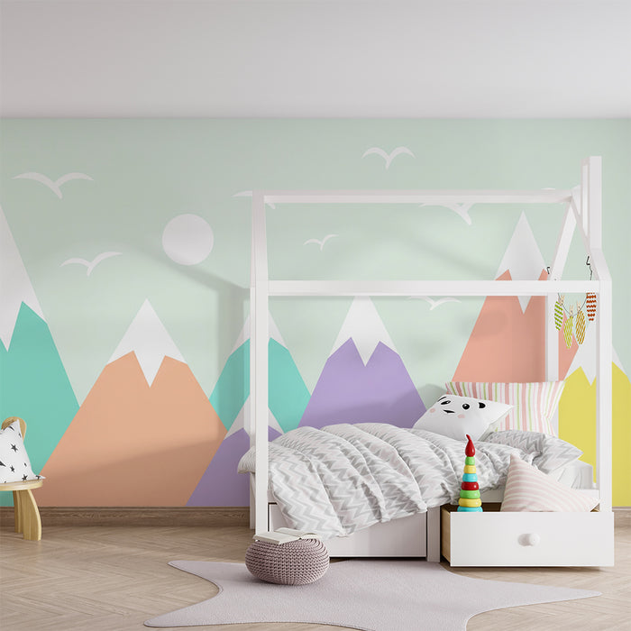 Papel de parede quarto bebê | Montanhas pastel e céu tranquilo
