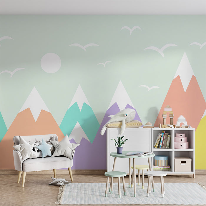 Papel de parede quarto bebê | Montanhas pastel e céu tranquilo