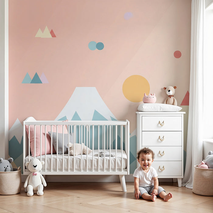 Lastenhuoneen tapetti | Pastellivuoret ja värikkäät geometriset muodot