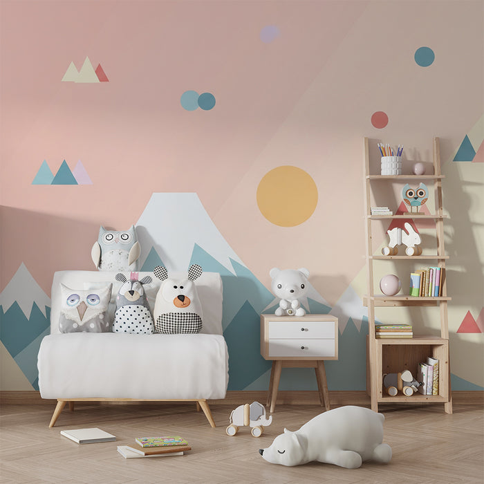 Lastenhuoneen tapetti | Pastellivuoret ja värikkäät geometriset muodot