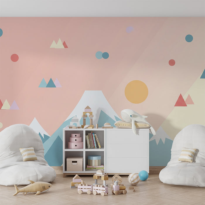Lastenhuoneen tapetti | Pastellivuoret ja värikkäät geometriset muodot