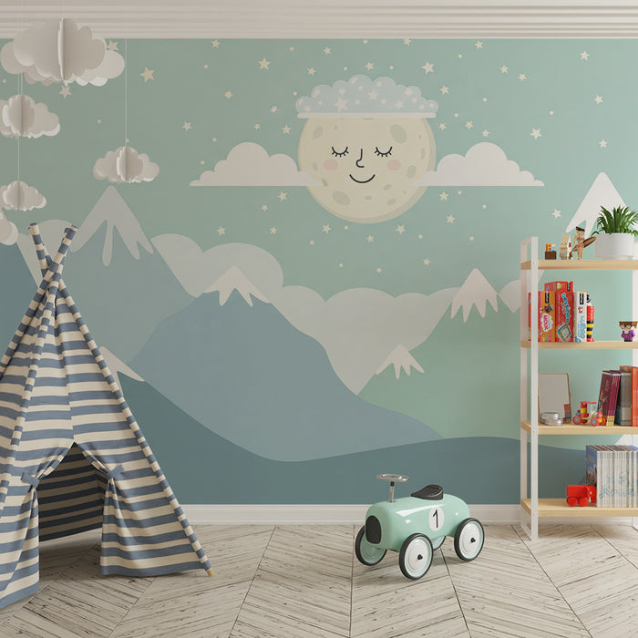 Papel de parede quarto bebê | Pastelne planine i mjesec u miru