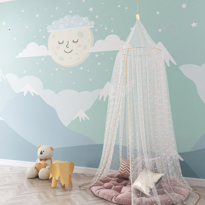 Papel de parede quarto bebê | Pastelne planine i mjesec u miru