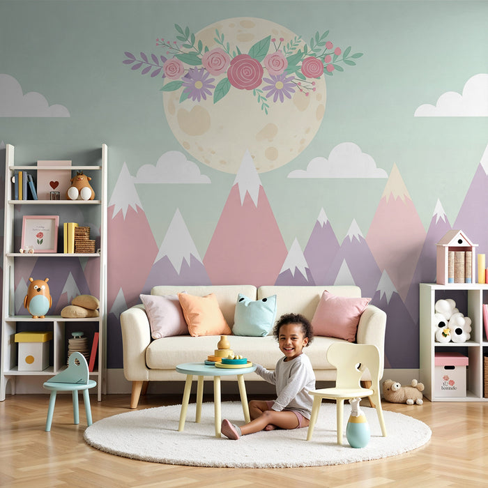 Tapet barnerom | Pastellfjell og blomstrende måne