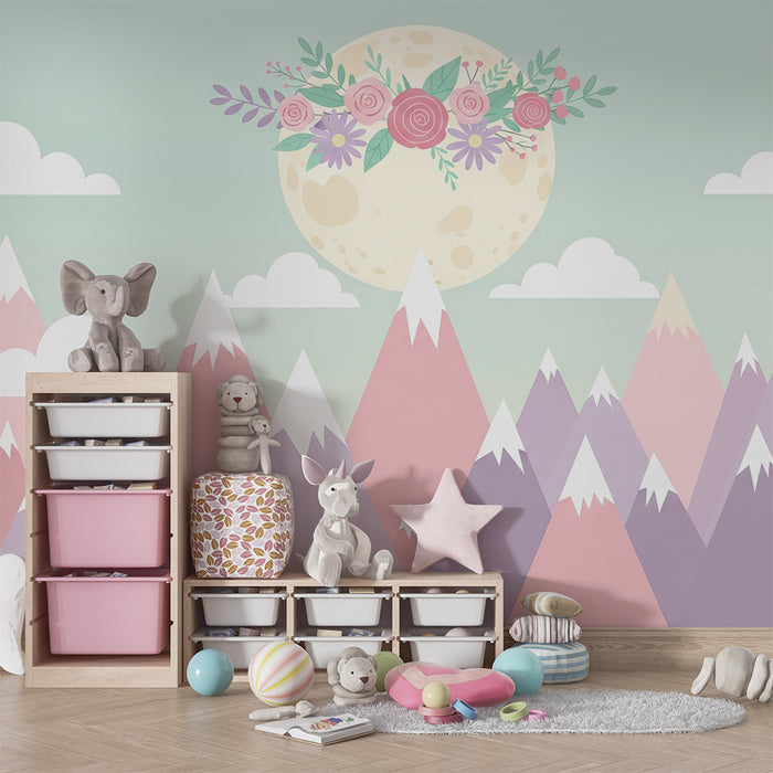 Tapet barnerom | Pastellfjell og blomstrende måne