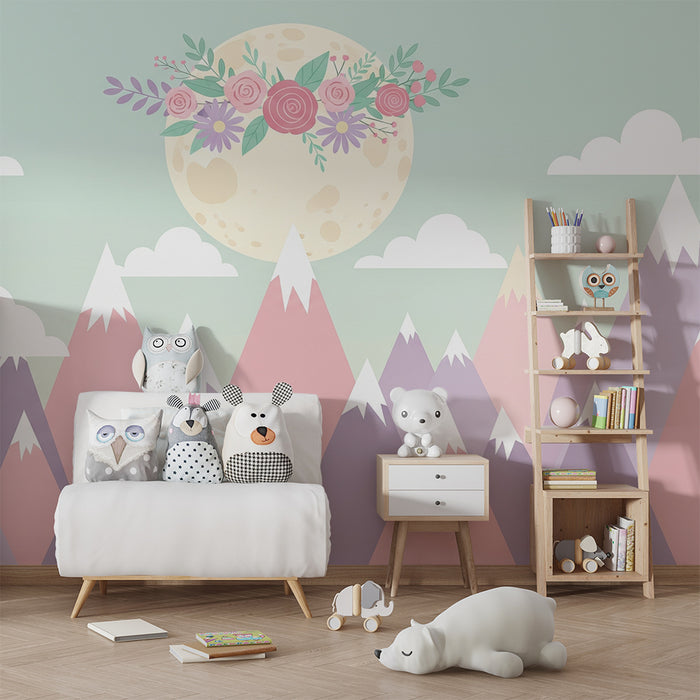 Tapet barnerom | Pastellfjell og blomstrende måne