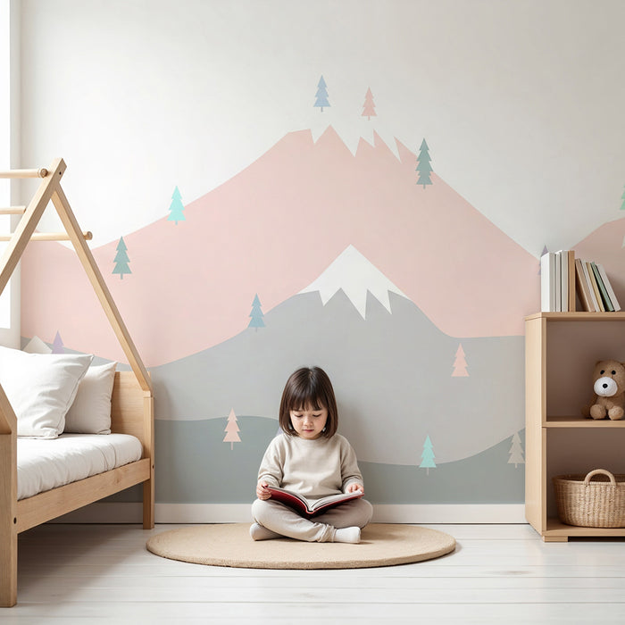Tapet pentru camera de bebeluși | Munți pastel și brazi delicati