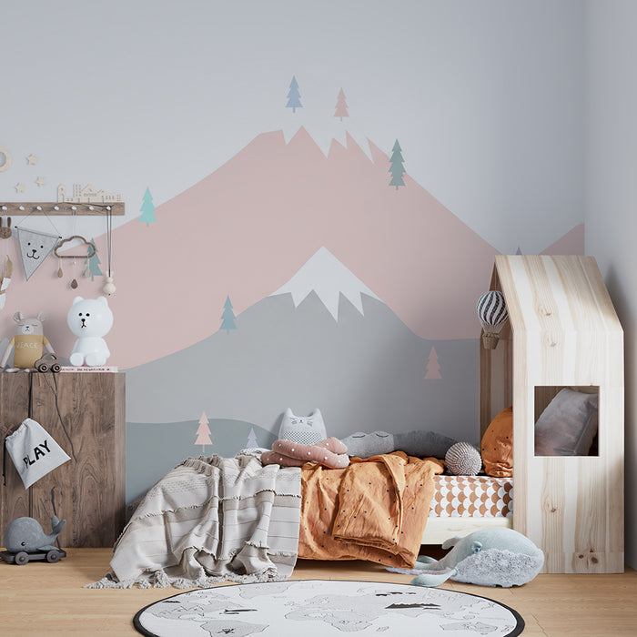 Tapet pentru camera de bebeluși | Munți pastel și brazi delicati
