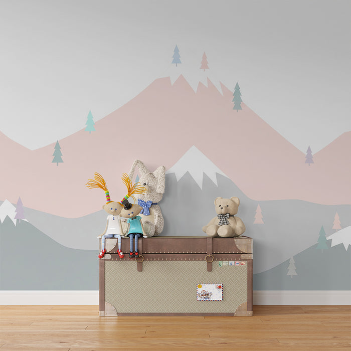 Tapet pentru camera de bebeluși | Munți pastel și brazi delicati