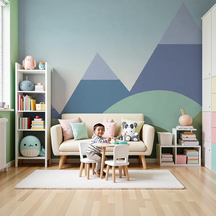 Papel pintado para habitación infantil | Montañas estilizadas y colinas suaves en tonos pastel