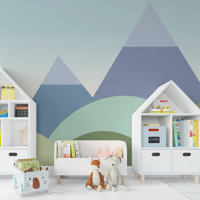 Papel pintado para habitación infantil | Montañas estilizadas y colinas suaves en tonos pastel
