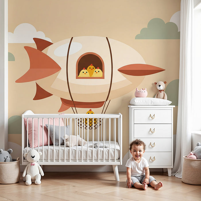 Nursery Wallpaper | Playful Hot Air Balloon with Cheerful Chicks