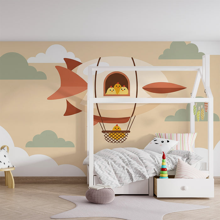 Nursery Wallpaper | Playful Hot Air Balloon with Cheerful Chicks
