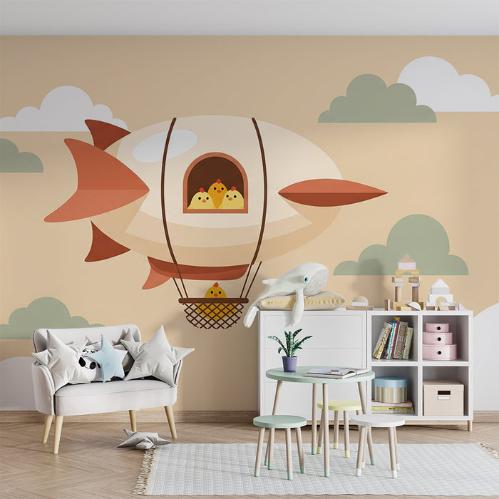 Nursery Wallpaper | Playful Hot Air Balloon with Cheerful Chicks