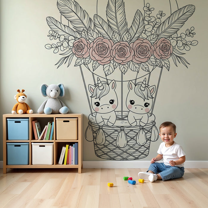 Tapet za bebe | Balon s jednorozima i cvijećem