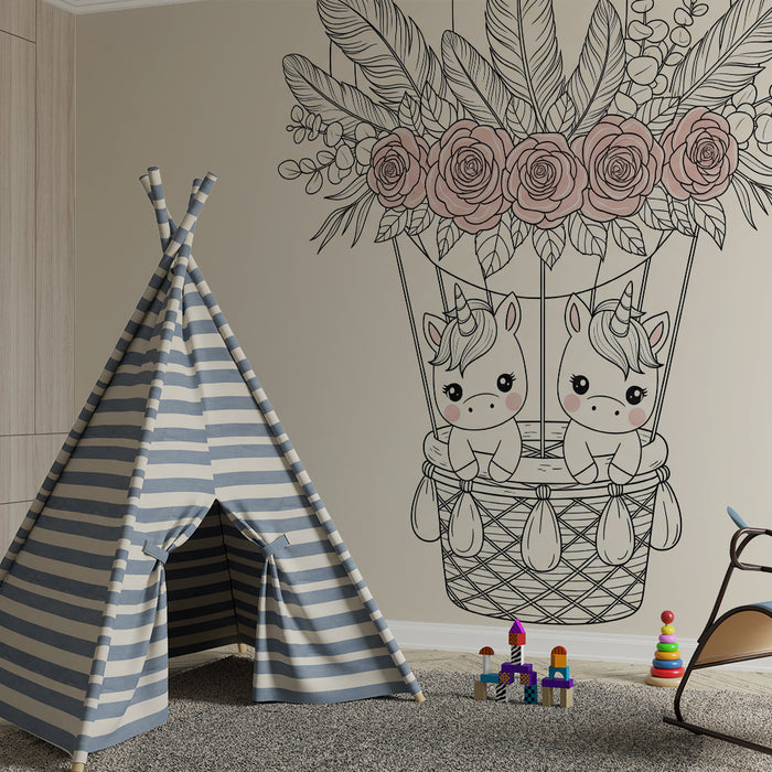 Tapet za bebe | Balon s jednorozima i cvijećem