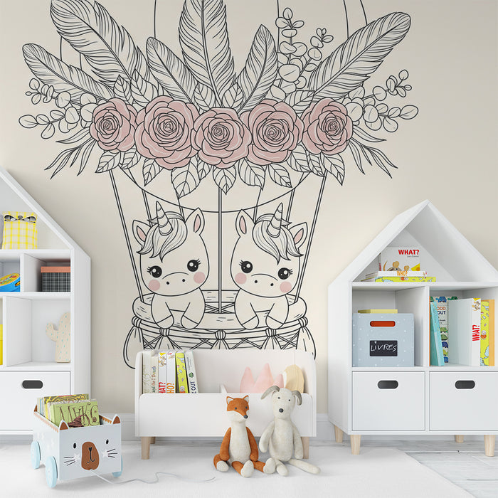 Tapet za bebe | Balon s jednorozima i cvijećem