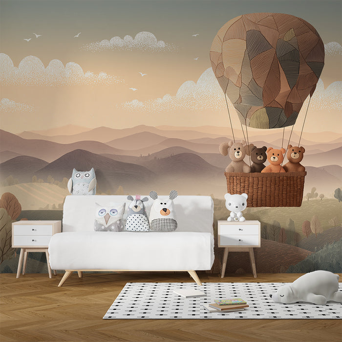 Tapet za detska staia | Tsvetna vozdushna balon s plyushi medvedi na pozadina na nezhna peizazhna fond