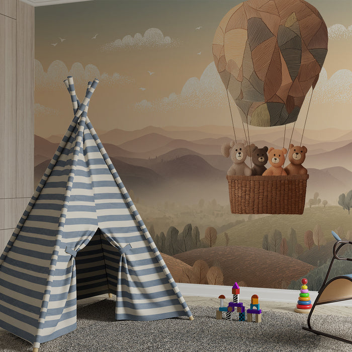 Tapet za detska staia | Tsvetna vozdushna balon s plyushi medvedi na pozadina na nezhna peizazhna fond