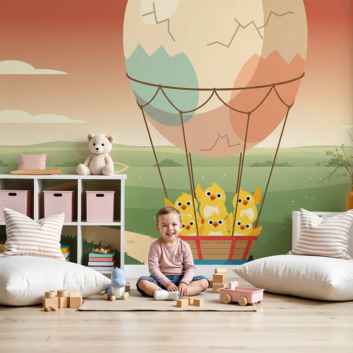 Papel pintado para habitación infantil | Globos aerostáticos coloridos con pollitos alegres