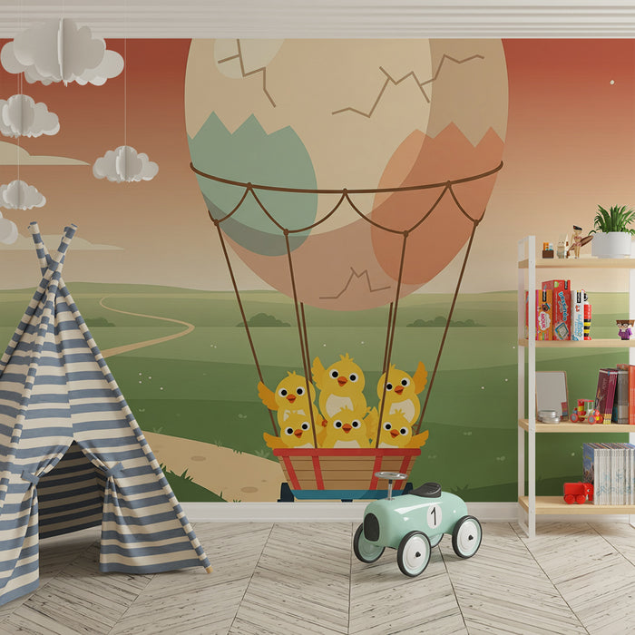 Papel pintado para habitación infantil | Globos aerostáticos coloridos con pollitos alegres