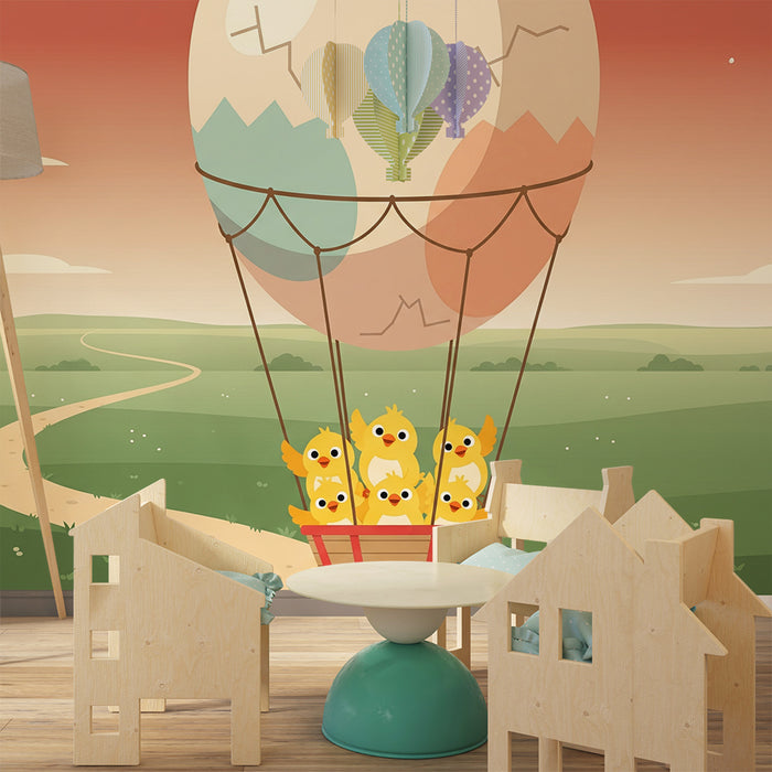 Papel pintado para habitación infantil | Globos aerostáticos coloridos con pollitos alegres