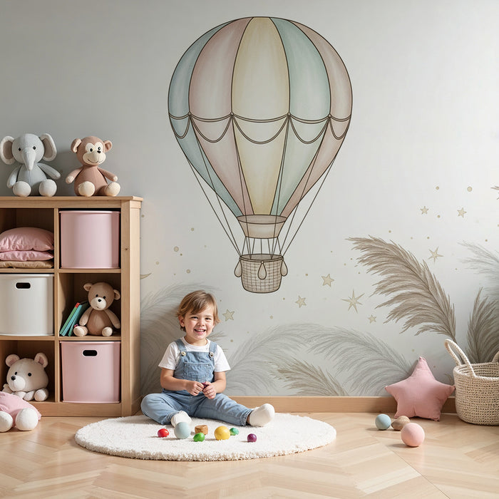 Babykamer behang | Kleurrijke luchtballon en twinkelende sterren