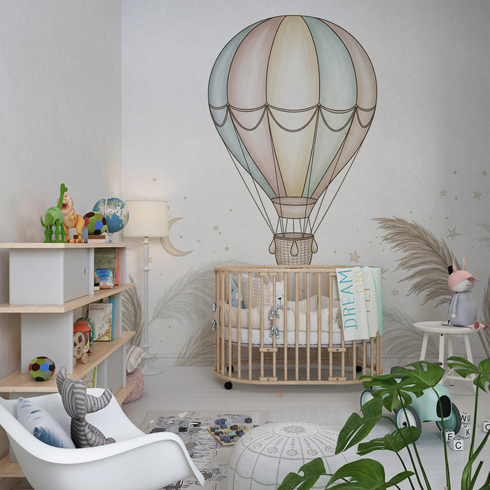 Babykamer behang | Kleurrijke luchtballon en twinkelende sterren